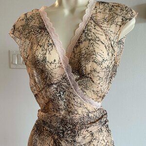 BCBG Max Azria Sheer Wrap Blouse • Peach Nude Floral • Lace Trim • Silk Chiffon